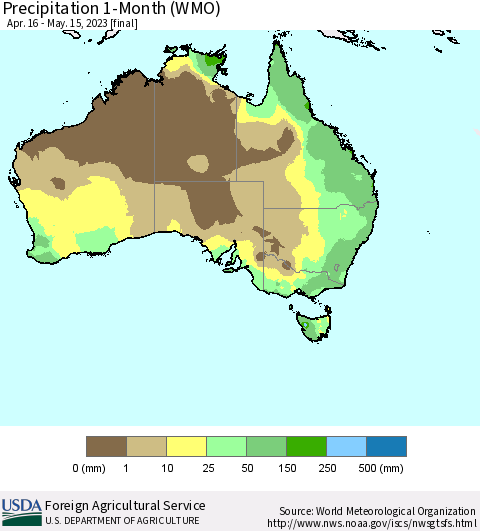 Australia Precipitation 1-Month (WMO) Thematic Map For 4/16/2023 - 5/15/2023