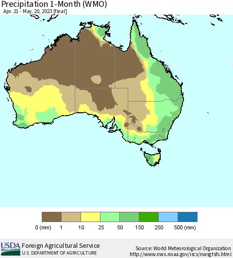 Australia Precipitation 1-Month (WMO) Thematic Map For 4/21/2023 - 5/20/2023