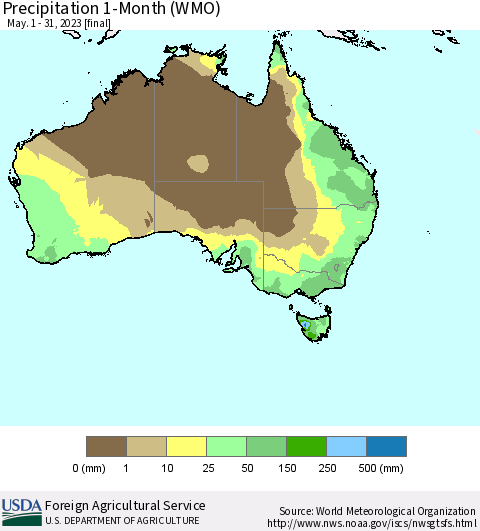 Australia Precipitation 1-Month (WMO) Thematic Map For 5/1/2023 - 5/31/2023