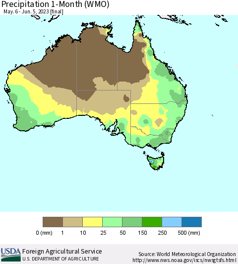 Australia Precipitation 1-Month (WMO) Thematic Map For 5/6/2023 - 6/5/2023