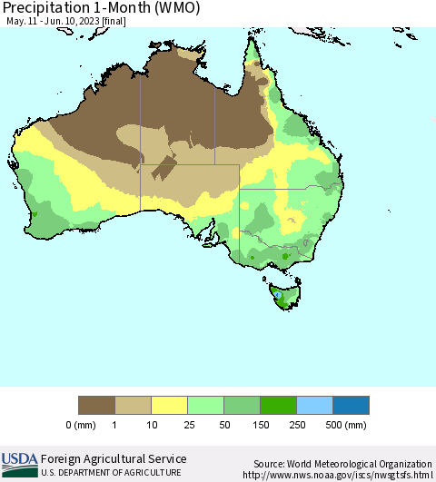 Australia Precipitation 1-Month (WMO) Thematic Map For 5/11/2023 - 6/10/2023
