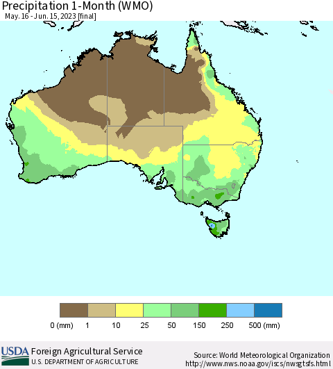 Australia Precipitation 1-Month (WMO) Thematic Map For 5/16/2023 - 6/15/2023