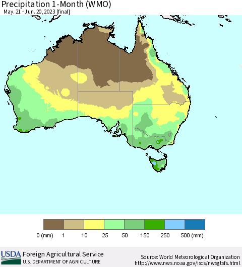 Australia Precipitation 1-Month (WMO) Thematic Map For 5/21/2023 - 6/20/2023
