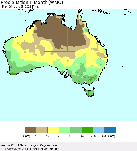 Australia Precipitation 1-Month (WMO) Thematic Map For 5/26/2023 - 6/25/2023