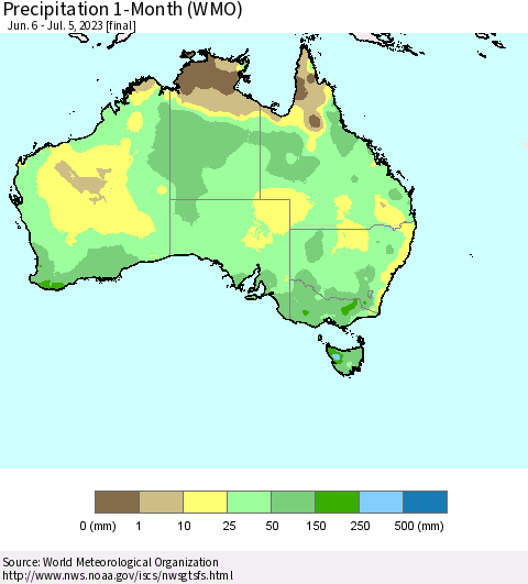 Australia Precipitation 1-Month (WMO) Thematic Map For 6/6/2023 - 7/5/2023
