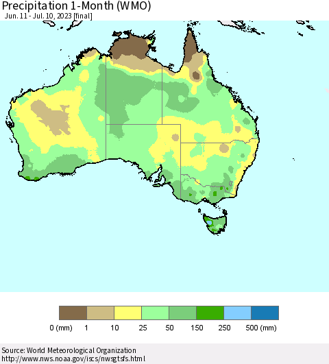 Australia Precipitation 1-Month (WMO) Thematic Map For 6/11/2023 - 7/10/2023