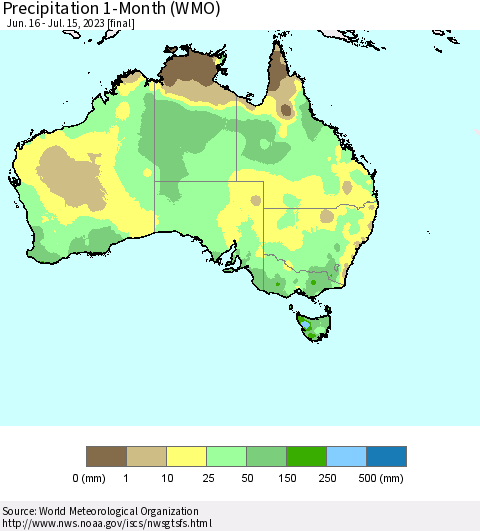 Australia Precipitation 1-Month (WMO) Thematic Map For 6/16/2023 - 7/15/2023