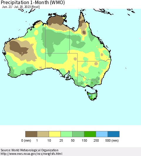 Australia Precipitation 1-Month (WMO) Thematic Map For 6/21/2023 - 7/20/2023