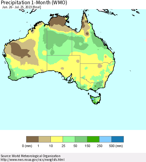 Australia Precipitation 1-Month (WMO) Thematic Map For 6/26/2023 - 7/25/2023