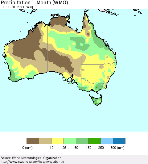 Australia Precipitation 1-Month (WMO) Thematic Map For 7/1/2023 - 7/31/2023