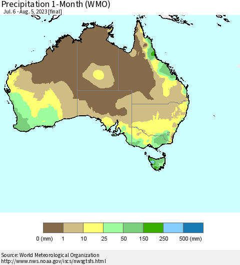 Australia Precipitation 1-Month (WMO) Thematic Map For 7/6/2023 - 8/5/2023