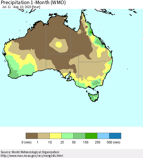 Australia Precipitation 1-Month (WMO) Thematic Map For 7/11/2023 - 8/10/2023