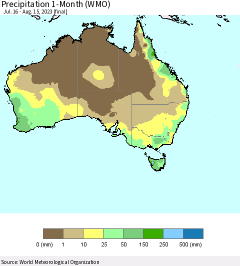 Australia Precipitation 1-Month (WMO) Thematic Map For 7/16/2023 - 8/15/2023