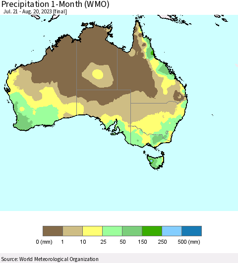 Australia Precipitation 1-Month (WMO) Thematic Map For 7/21/2023 - 8/20/2023