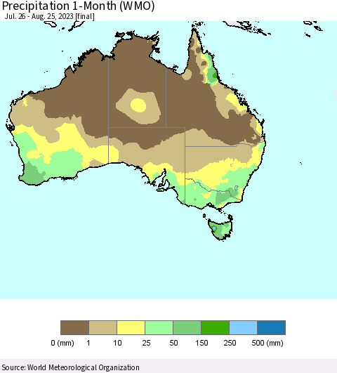 Australia Precipitation 1-Month (WMO) Thematic Map For 7/26/2023 - 8/25/2023