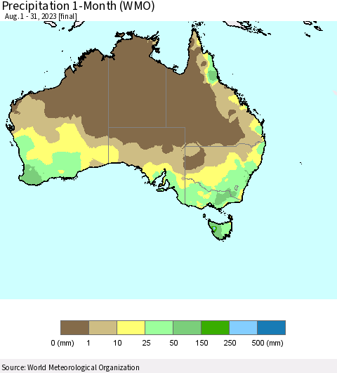 Australia Precipitation 1-Month (WMO) Thematic Map For 8/1/2023 - 8/31/2023