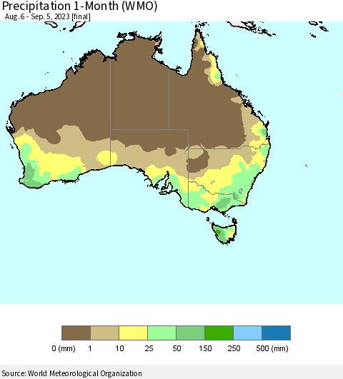Australia Precipitation 1-Month (WMO) Thematic Map For 8/6/2023 - 9/5/2023