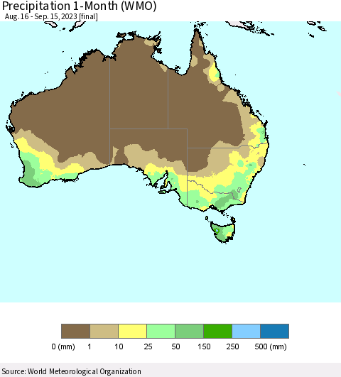 Australia Precipitation 1-Month (WMO) Thematic Map For 8/16/2023 - 9/15/2023