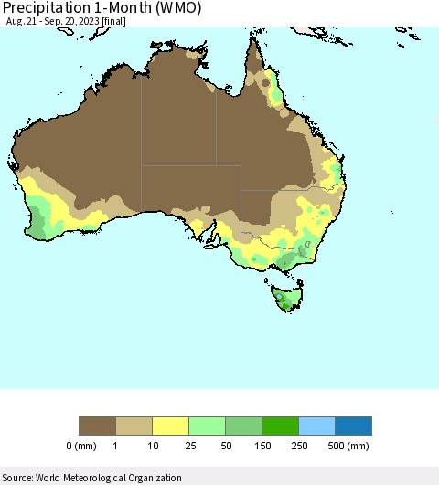Australia Precipitation 1-Month (WMO) Thematic Map For 8/21/2023 - 9/20/2023