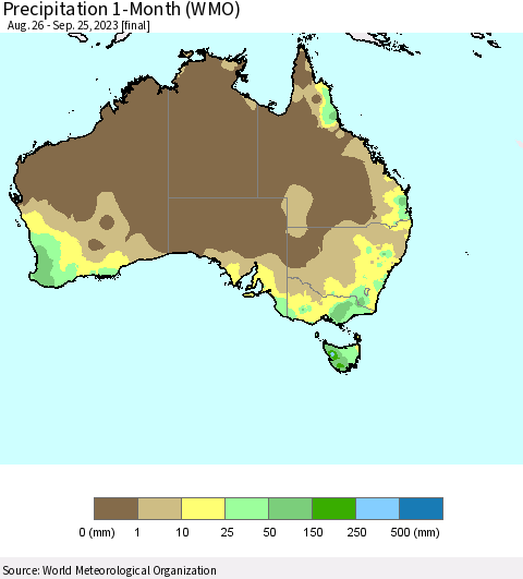 Australia Precipitation 1-Month (WMO) Thematic Map For 8/26/2023 - 9/25/2023