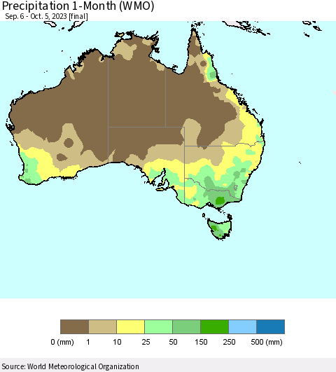 Australia Precipitation 1-Month (WMO) Thematic Map For 9/6/2023 - 10/5/2023