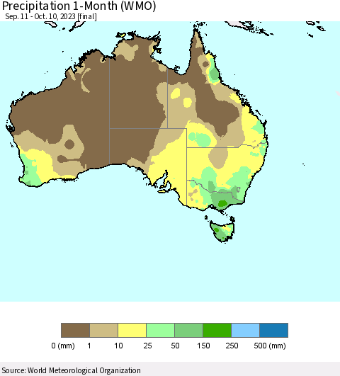 Australia Precipitation 1-Month (WMO) Thematic Map For 9/11/2023 - 10/10/2023