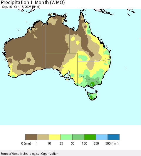 Australia Precipitation 1-Month (WMO) Thematic Map For 9/16/2023 - 10/15/2023