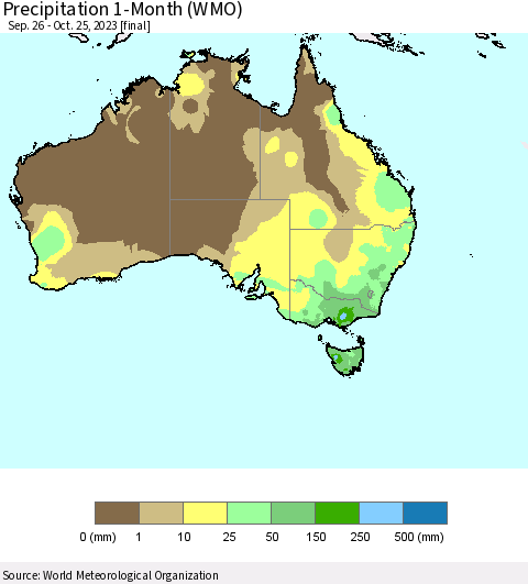 Australia Precipitation 1-Month (WMO) Thematic Map For 9/26/2023 - 10/25/2023