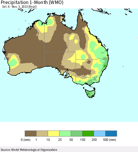 Australia Precipitation 1-Month (WMO) Thematic Map For 10/6/2023 - 11/5/2023