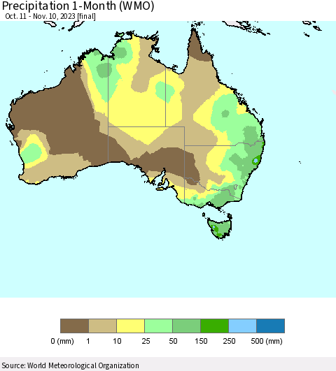 Australia Precipitation 1-Month (WMO) Thematic Map For 10/11/2023 - 11/10/2023