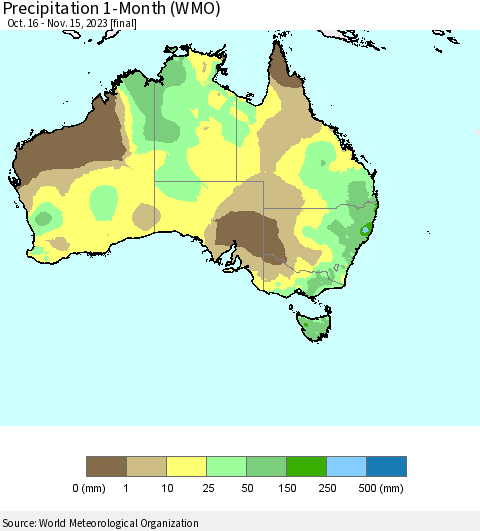 Australia Precipitation 1-Month (WMO) Thematic Map For 10/16/2023 - 11/15/2023