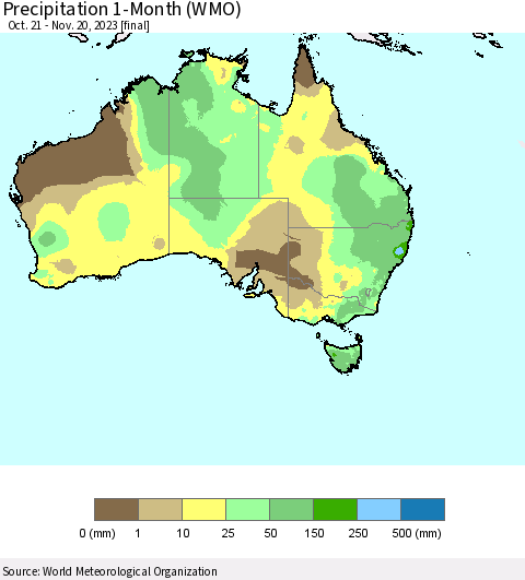Australia Precipitation 1-Month (WMO) Thematic Map For 10/21/2023 - 11/20/2023