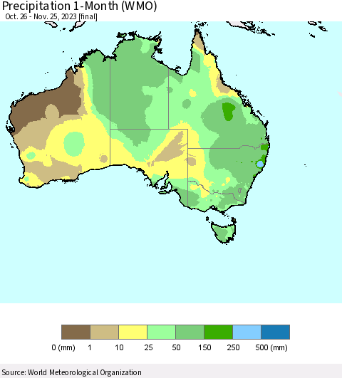 Australia Precipitation 1-Month (WMO) Thematic Map For 10/26/2023 - 11/25/2023