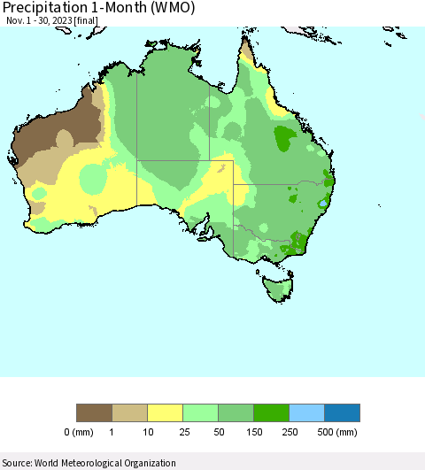 Australia Precipitation 1-Month (WMO) Thematic Map For 11/1/2023 - 11/30/2023
