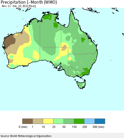Australia Precipitation 1-Month (WMO) Thematic Map For 11/11/2023 - 12/10/2023