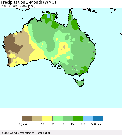 Australia Precipitation 1-Month (WMO) Thematic Map For 11/16/2023 - 12/15/2023