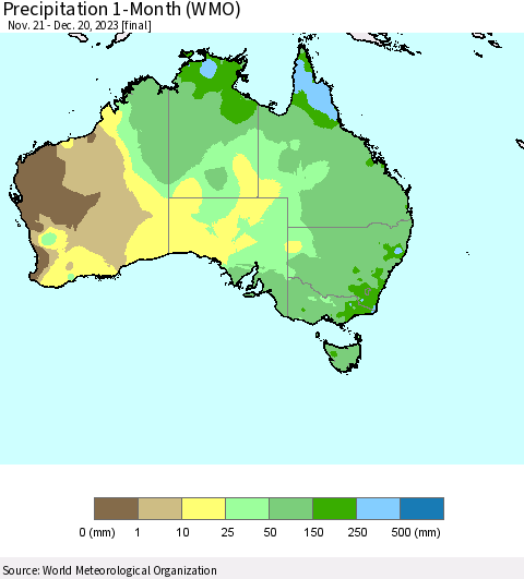 Australia Precipitation 1-Month (WMO) Thematic Map For 11/21/2023 - 12/20/2023