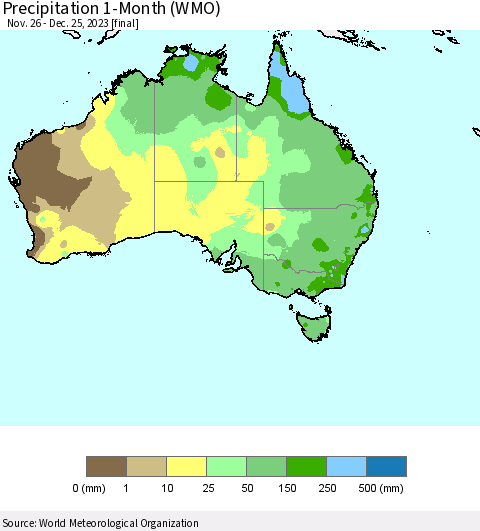 Australia Precipitation 1-Month (WMO) Thematic Map For 11/26/2023 - 12/25/2023