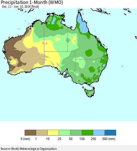 Australia Precipitation 1-Month (WMO) Thematic Map For 12/11/2023 - 1/10/2024