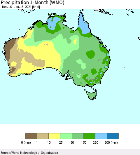 Australia Precipitation 1-Month (WMO) Thematic Map For 12/16/2023 - 1/15/2024