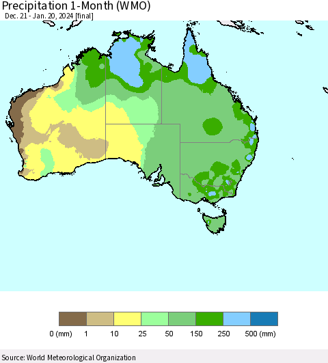 Australia Precipitation 1-Month (WMO) Thematic Map For 12/21/2023 - 1/20/2024