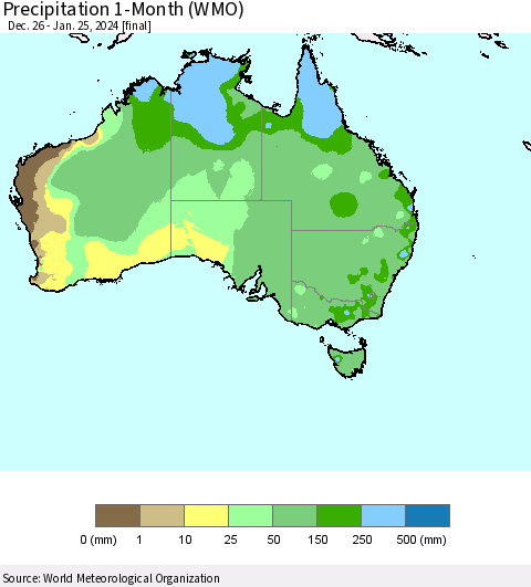 Australia Precipitation 1-Month (WMO) Thematic Map For 12/26/2023 - 1/25/2024