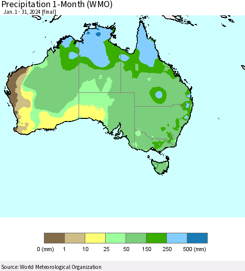 Australia Precipitation 1-Month (WMO) Thematic Map For 1/1/2024 - 1/31/2024