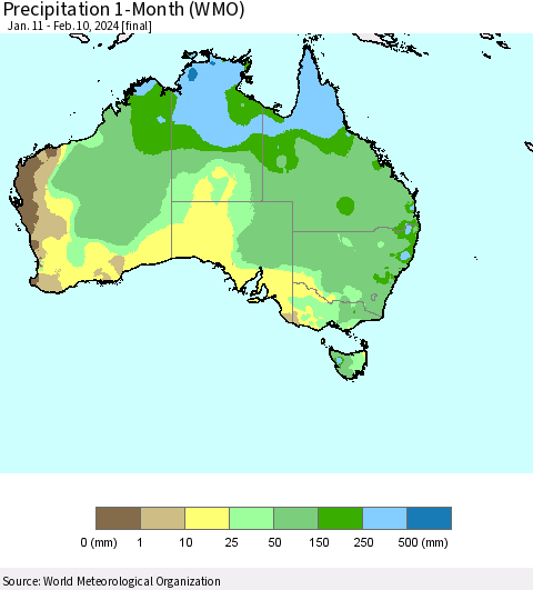 Australia Precipitation 1-Month (WMO) Thematic Map For 1/11/2024 - 2/10/2024