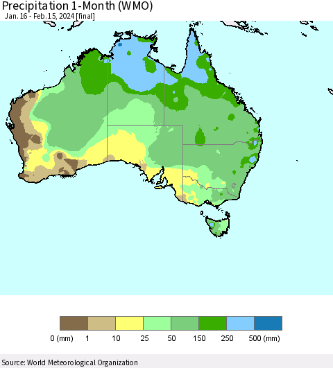 Australia Precipitation 1-Month (WMO) Thematic Map For 1/16/2024 - 2/15/2024