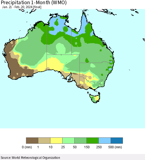 Australia Precipitation 1-Month (WMO) Thematic Map For 1/21/2024 - 2/20/2024