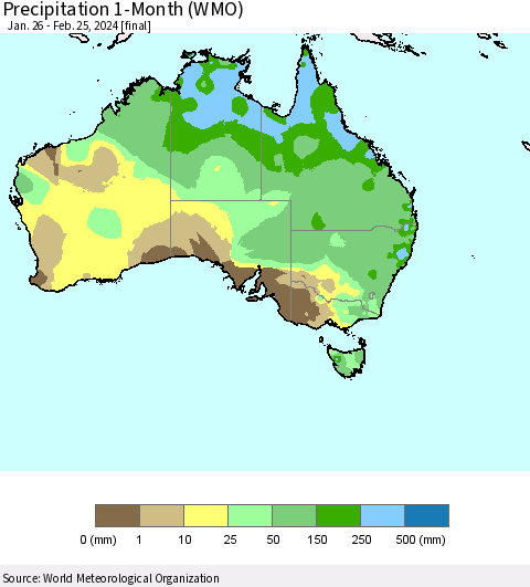 Australia Precipitation 1-Month (WMO) Thematic Map For 1/26/2024 - 2/25/2024
