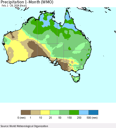 Australia Precipitation 1-Month (WMO) Thematic Map For 2/1/2024 - 2/29/2024