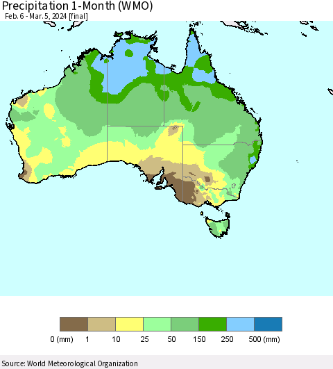 Australia Precipitation 1-Month (WMO) Thematic Map For 2/6/2024 - 3/5/2024