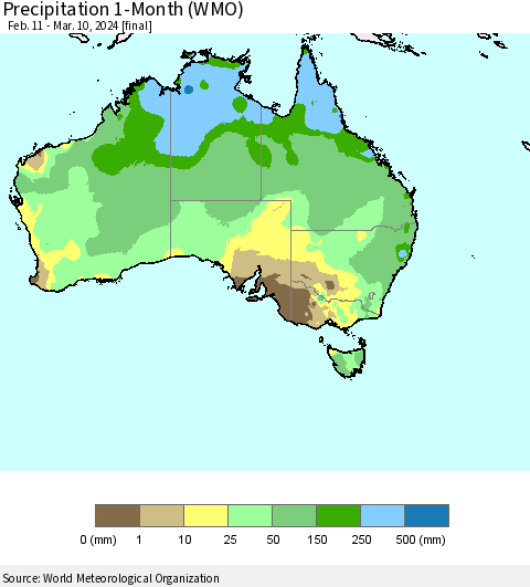 Australia Precipitation 1-Month (WMO) Thematic Map For 2/11/2024 - 3/10/2024